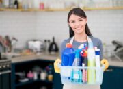 Housekeeper holding cleaning products